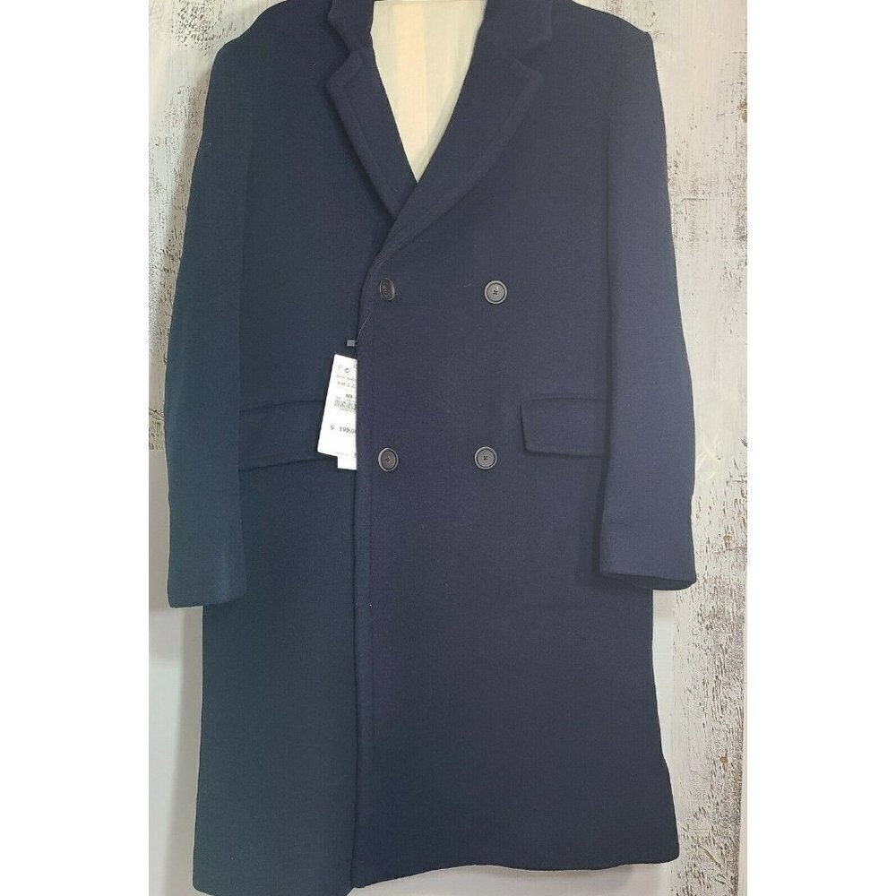 $199 ZARA Man Long Overcoat Coat Trench S Medium M Navy Wool